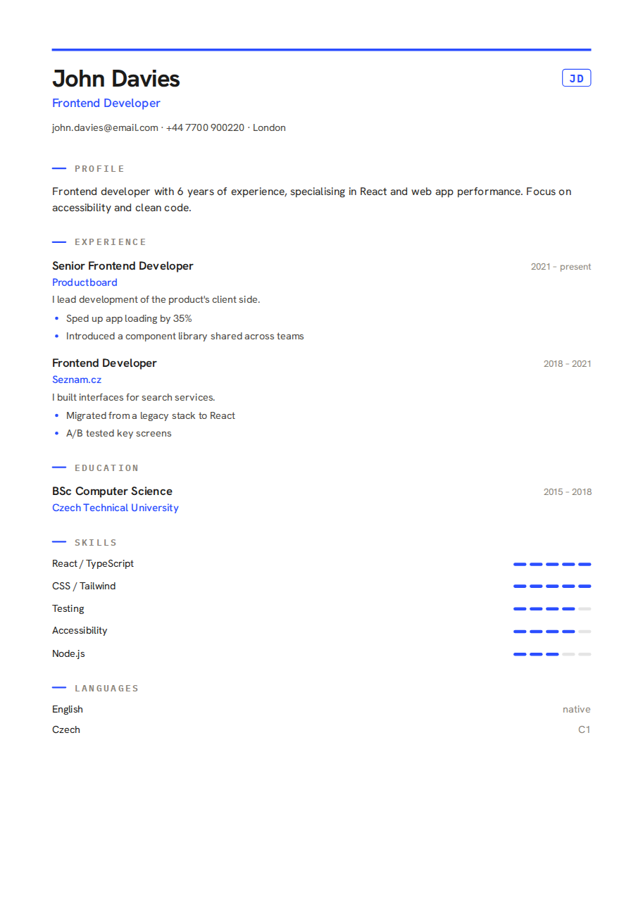 Résumé example — Frontend Developer