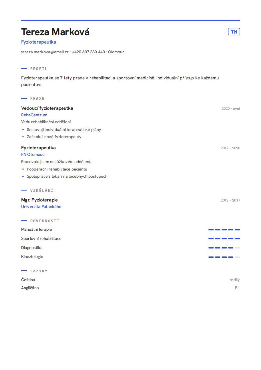 Příklad životopisu — Fyzioterapeutka