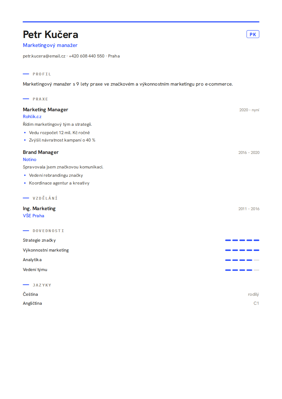 Příklad životopisu — Marketingový manažer