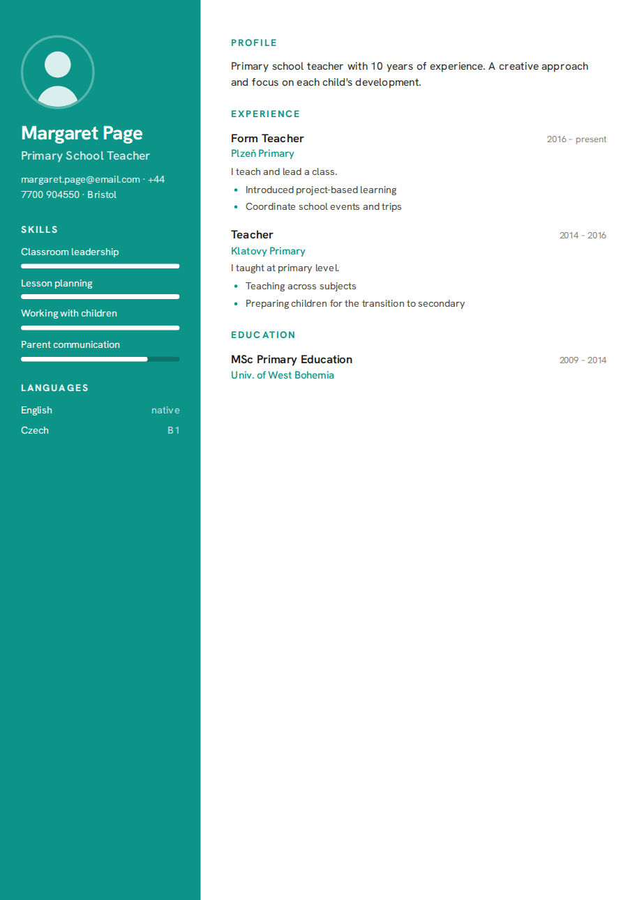 Résumé example — Primary School Teacher