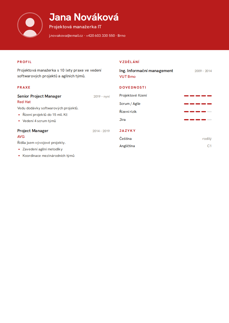 Příklad životopisu — Projektová manažerka IT