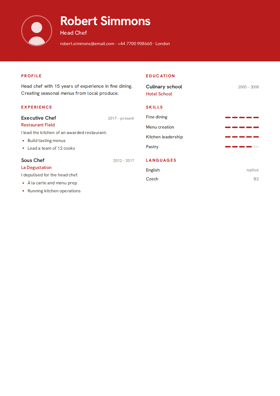 Résumé example — Head Chef