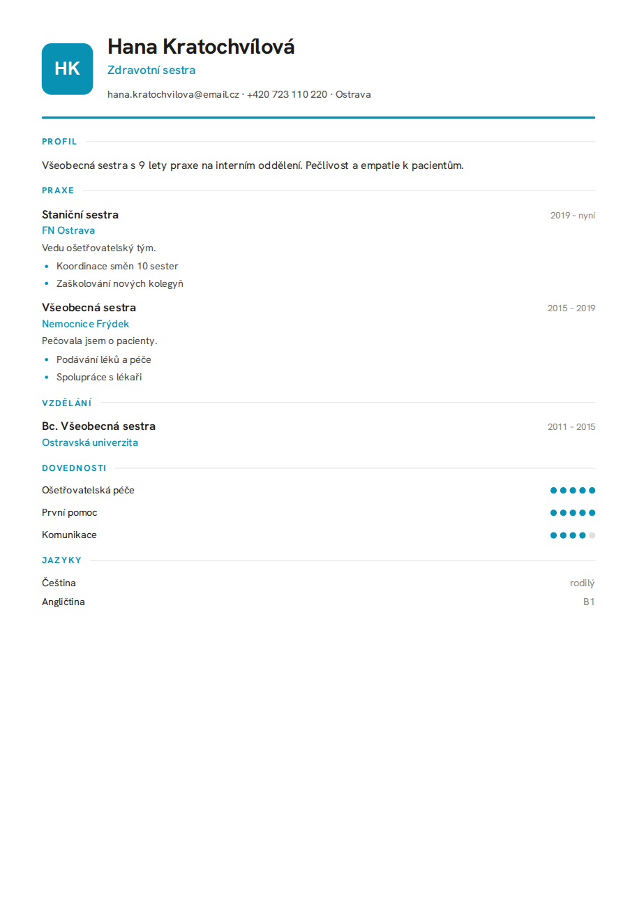 Příklad životopisu — Zdravotní sestra