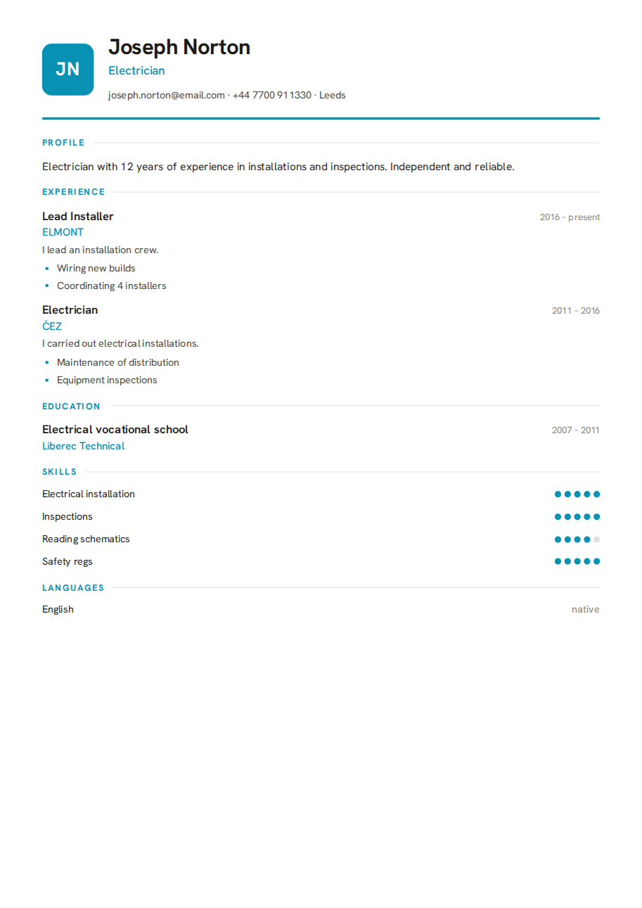 Résumé example — Electrician