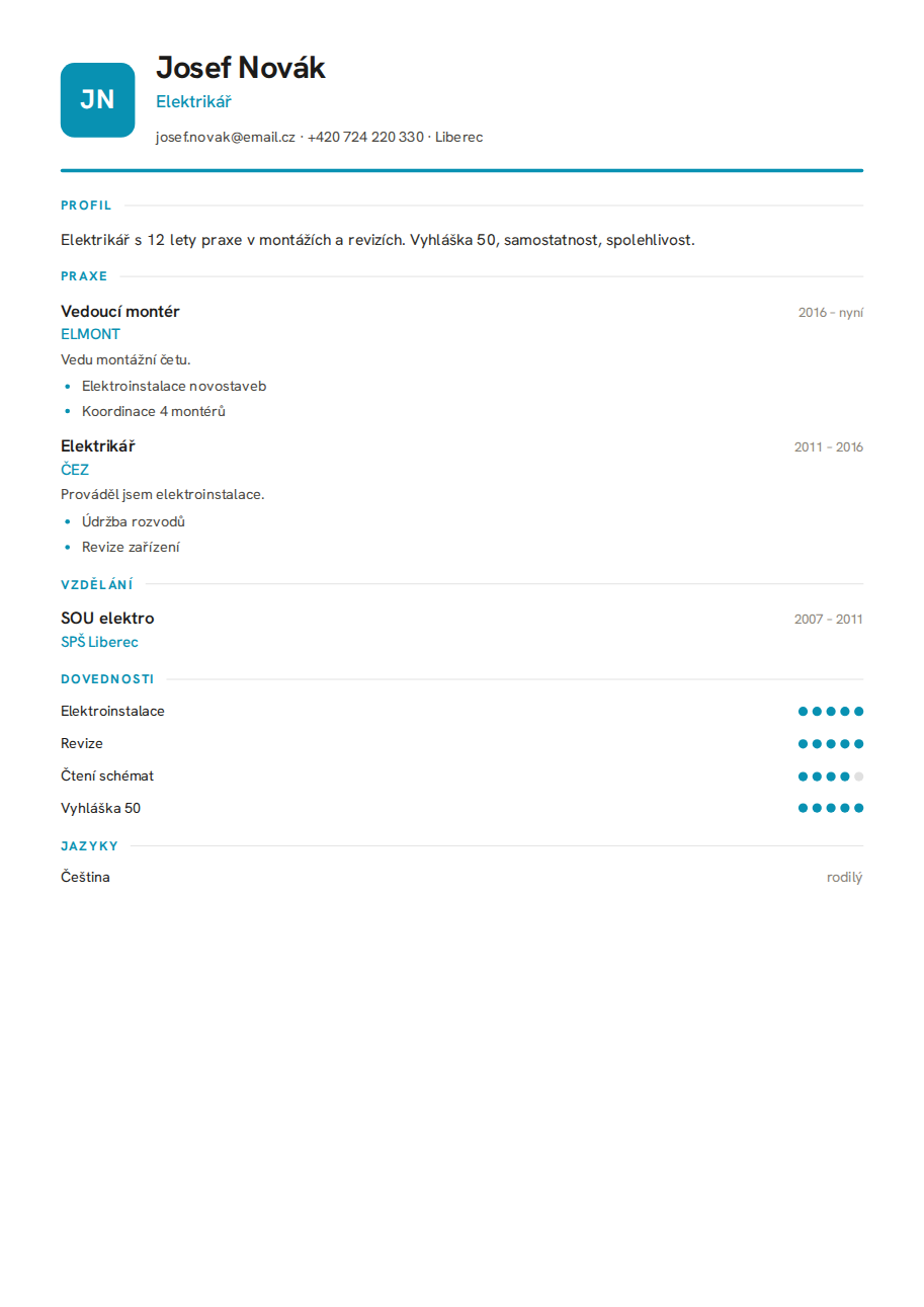 Příklad životopisu — Elektrikář