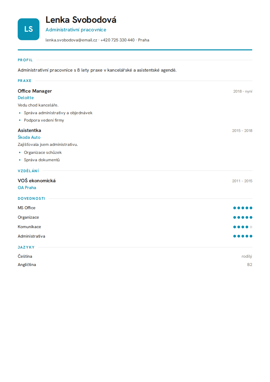 Příklad životopisu — Administrativní pracovnice