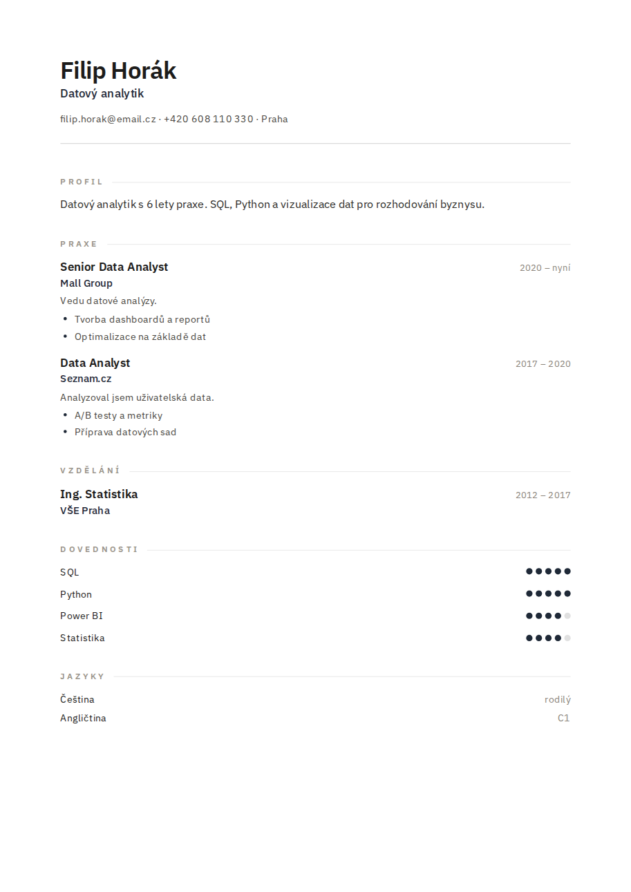 Příklad životopisu — Datový analytik