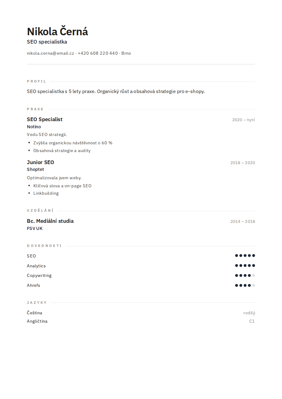 Příklad životopisu — SEO specialistka