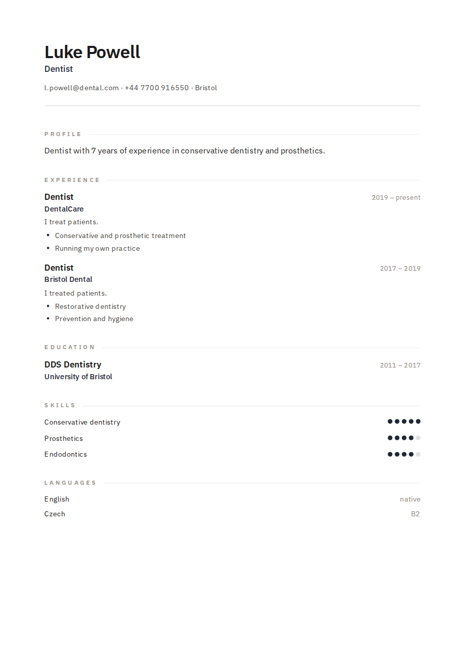 Résumé example — Dentist