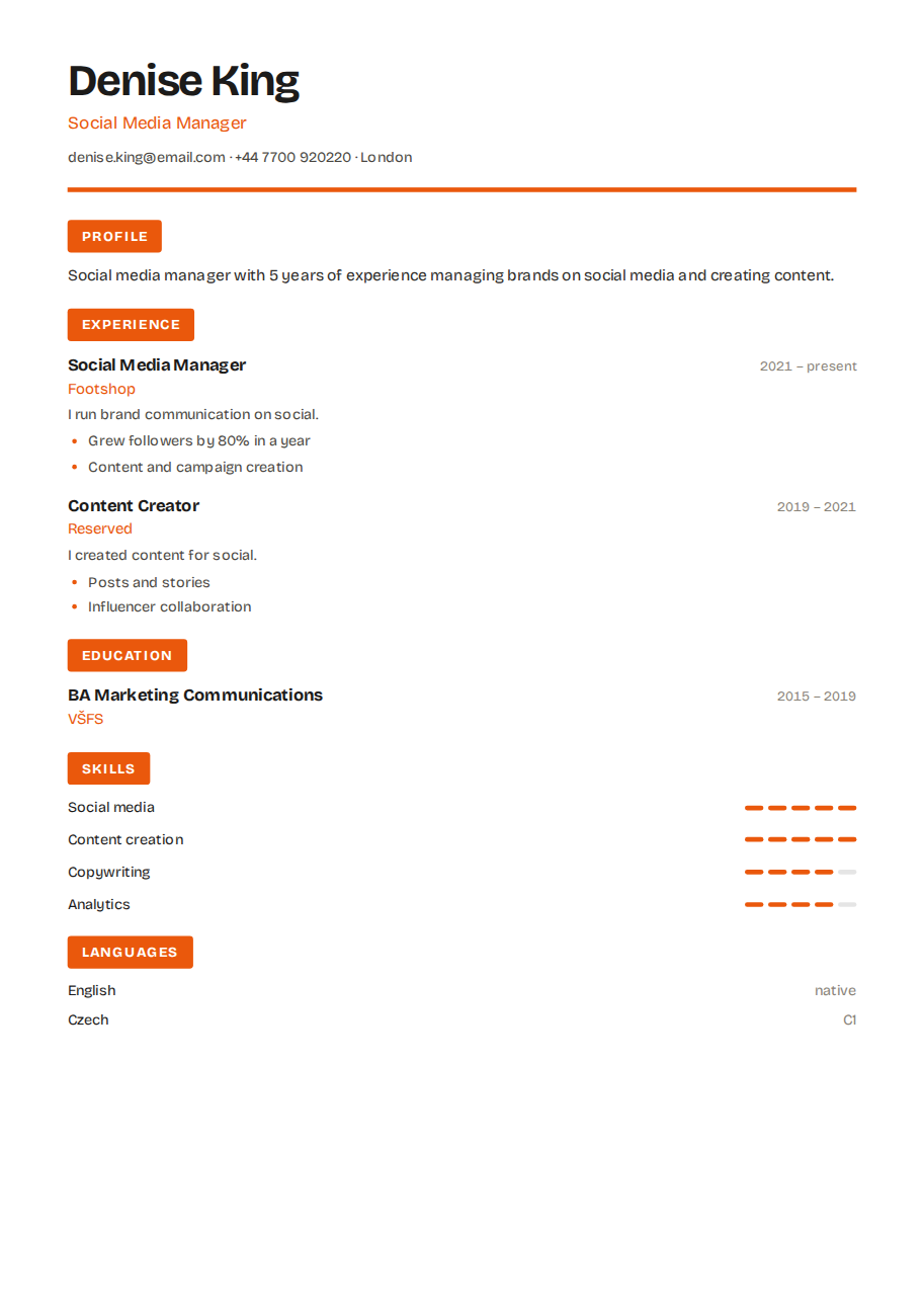 Résumé example — Social Media Manager