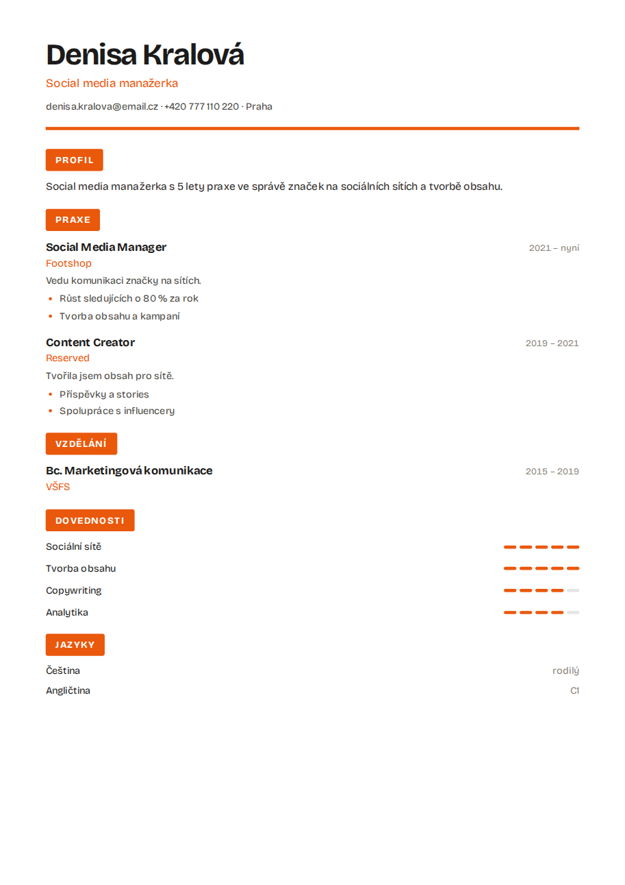 Příklad životopisu — Social media manažerka