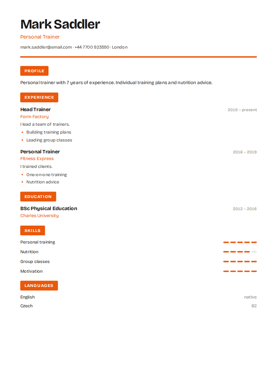 Résumé example — Personal Trainer