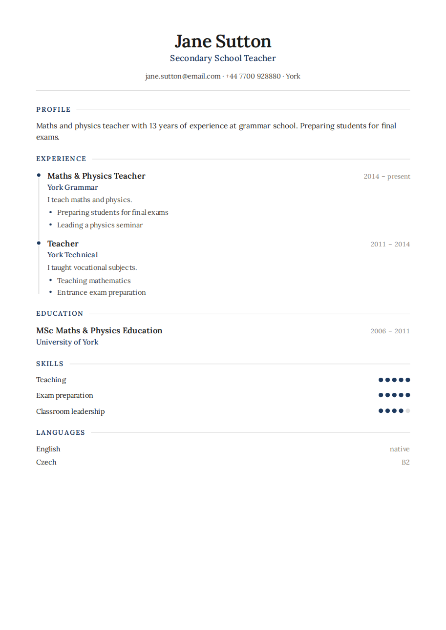 Résumé example — Secondary School Teacher