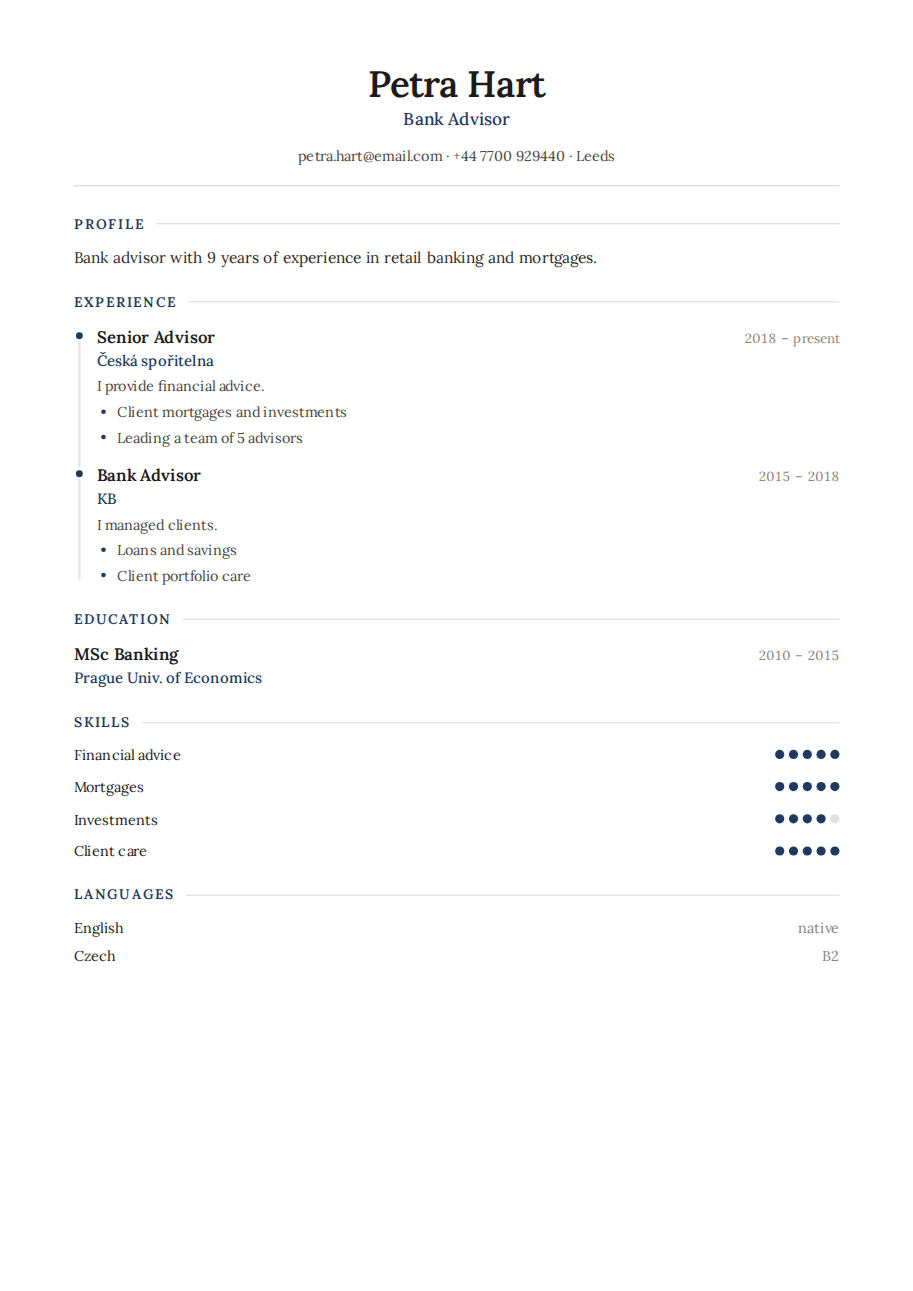 Résumé example — Bank Advisor