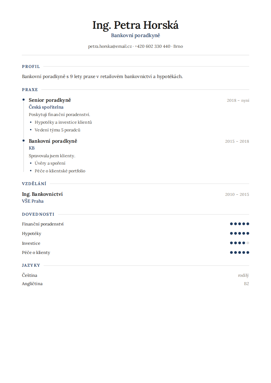 Příklad životopisu — Bankovní poradkyně