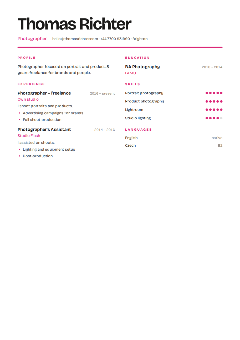 Résumé example — Photographer