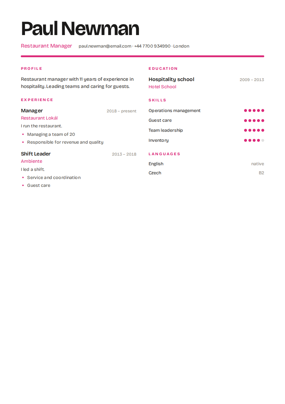 Résumé example — Restaurant Manager