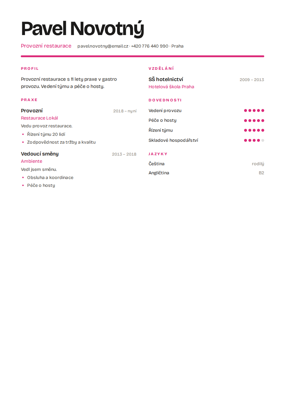 Příklad životopisu — Provozní restaurace