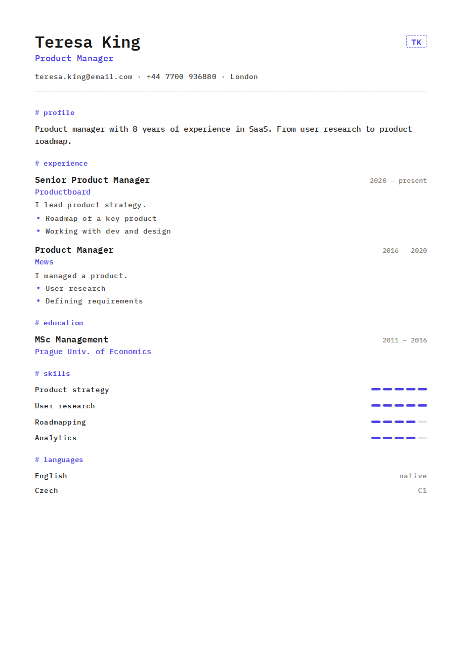 Résumé example — Product Manager