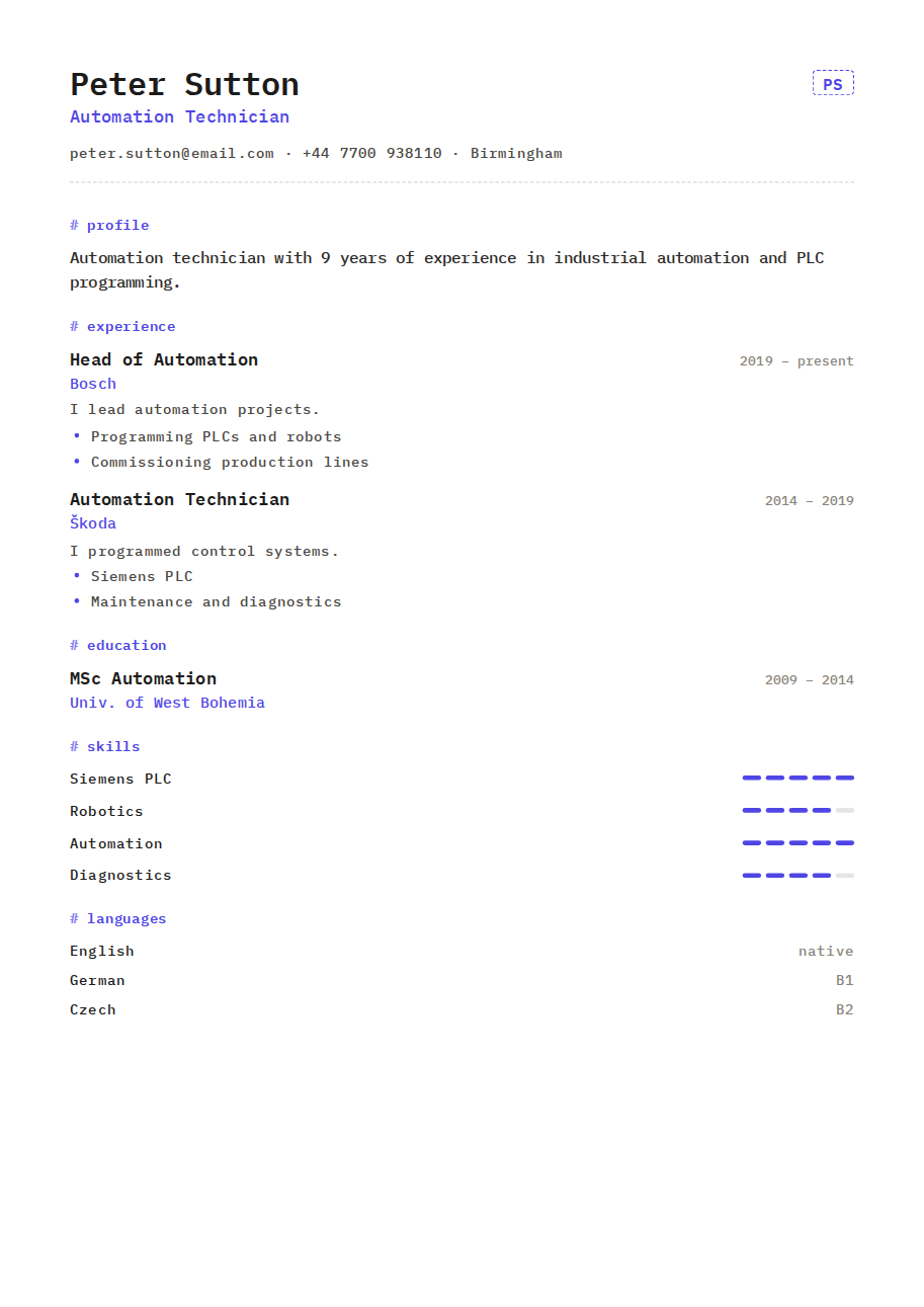 Résumé example — Automation Technician